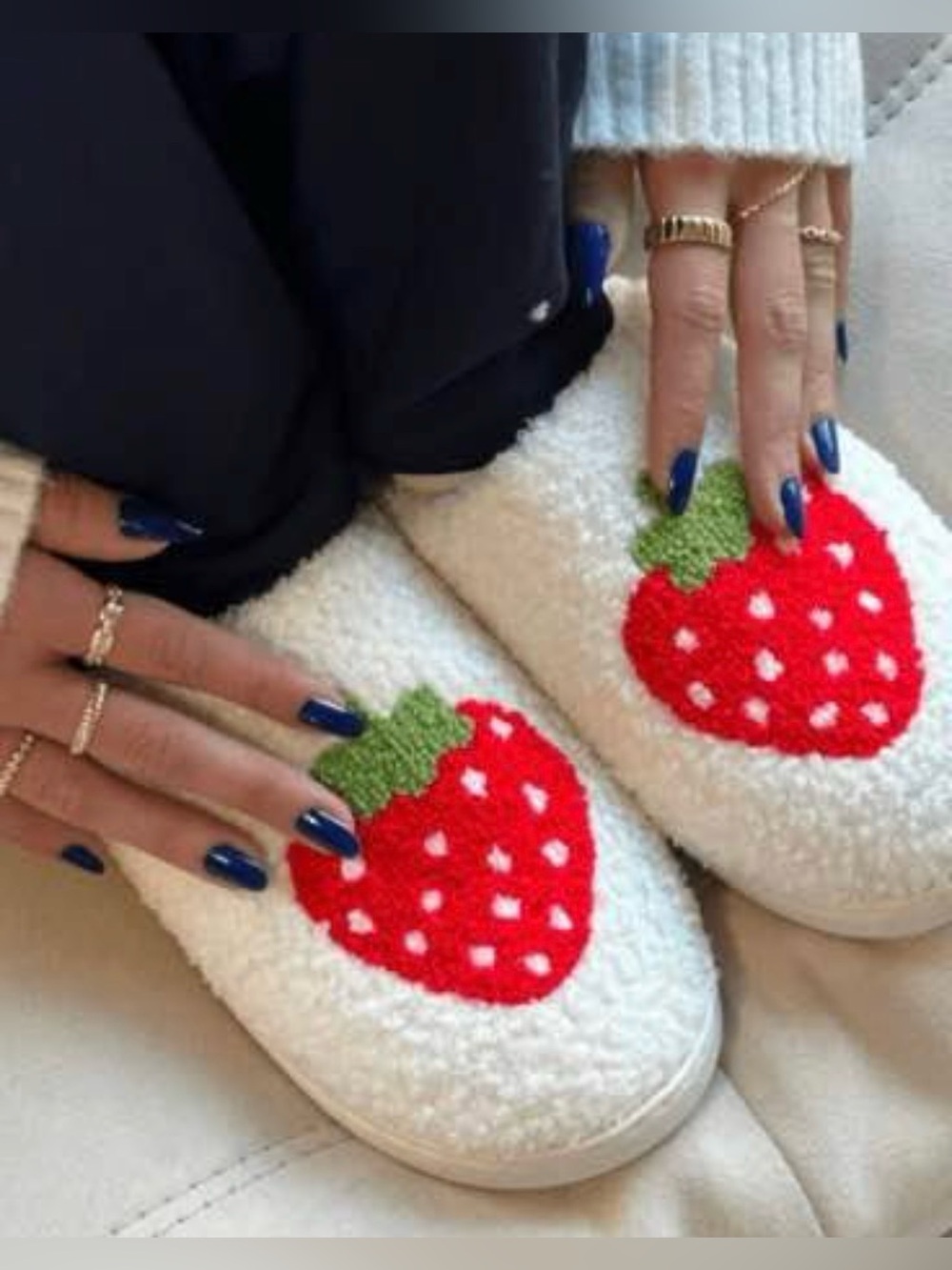 Women’s White Fleece Slip-On Slippers with Red Strawberry Applique